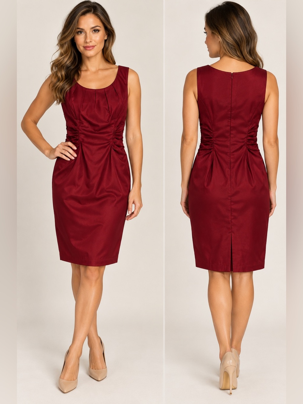 André Oliver Vintage Burgundy Ruched Sheath Dress Size 10 Sleeveless
